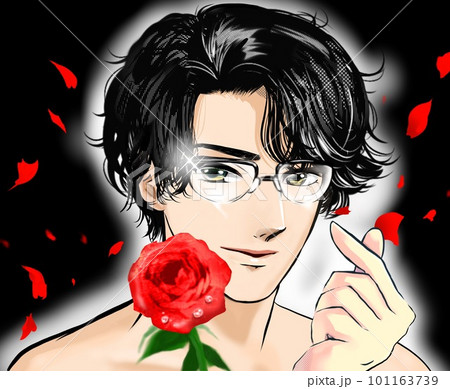 少女漫画風イケメン黒髪パーマ、メガネ姿の半裸男性が誘惑するカラーイラストと花吹雪背景 少女漫画風イケメン黒髪パーマ、メガネ姿の半裸男性が誘惑するカラーイラストと花吹雪背景 101163739