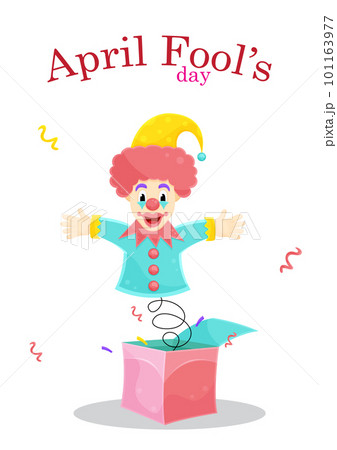 bright vector illustration card of a surprise box, april fools day, clown on a spring  101163977