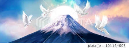平和の象徴白い鳩が御来光輝く富士山の周りを仲良く飛んでいる風景イラスト 101164003