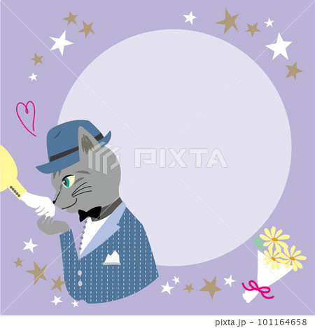 星空の下デートで手の甲にキスするサバトラ猫のベクターイラストテンプレート 正方形 紫 星空の下デートで手の甲にキスするサバトラ猫のベクターイラストテンプレート 正方形 紫 101164658
