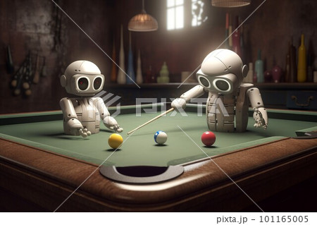 Cute robots play pool. Snooker table. Generate Ai 101165005