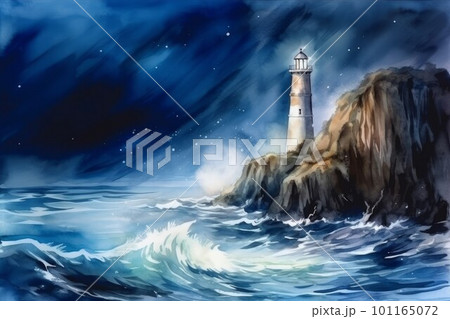 Illuminated lighthouse. Ocean light coastline. Generate Ai 101165072