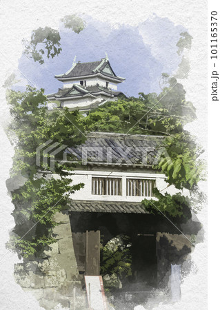 水彩画風 和歌山城 岡口門と天守閣 和歌山県和歌山市のイラスト素材