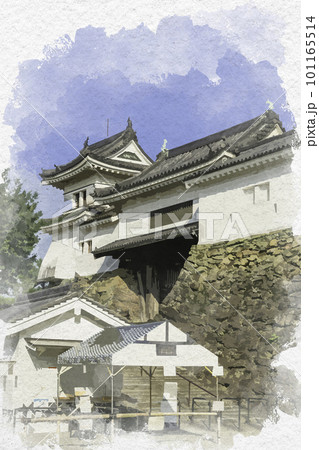 水彩画風 和歌山城 天守二の門 楠門 和歌山県和歌山市のイラスト素材
