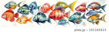 Group of colorful fish flock, concept watecolor banner illustration isolated on white, AI generative image Group of colorful fish flock, concept watecolor banner illustration isolated on white, AI generative image 101165815