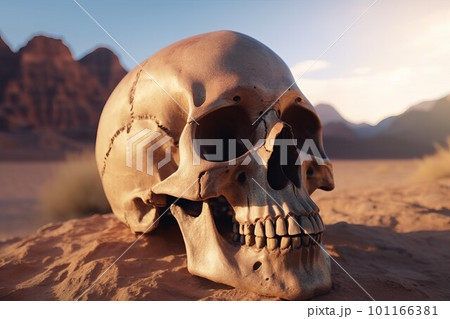Cracked human skull in desert. Skeleton head. Generate Ai 101166381