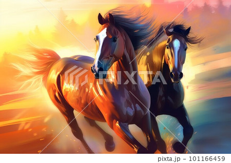 Two horses run. Abstract modern color. Generate Ai Two horses run. Abstract modern color. Generate Ai 101166459