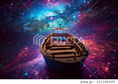 Wood boat in galaxy. Space fantasy ship. Generate Ai Wood boat in galaxy. Space fantasy ship. Generate Ai 101166495