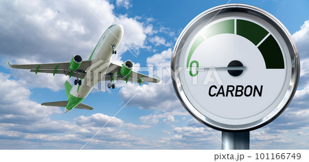 Gauge with inscription CARBON and arrow points to zero on a background of plane in sky. Concept of decarbonization and biofuel 101166749