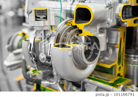 Close-up of engine turbocharger in section 101166791