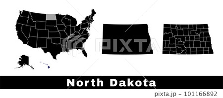 North Dakota state map, USA. Set of North Dakota maps with outline border, counties and US states map. Black and white color. North Dakota state map, USA. Set of North Dakota maps with outline border, counties and US states map. Black and white color. 101166892