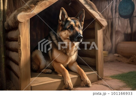 Shepherd dog in doghouse. Domestic pet. Generate Ai Shepherd dog in doghouse. Domestic pet. Generate Ai 101166933