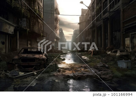 Post apocalyptic street. City destruction. Generate Ai 101166994