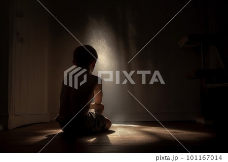 Little boy sitting alone in the dark. Interior fear. Generate Ai 101167014
