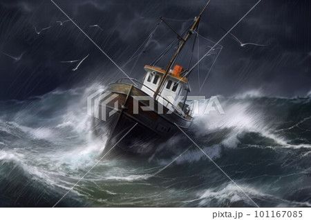 Sea storm on fishing boat. Marine storm wave. Generate Ai Sea storm on fishing boat. Marine storm wave. Generate Ai 101167085