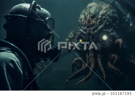 Deep sea monster. Diver face to face animal. Generate Ai 101167193