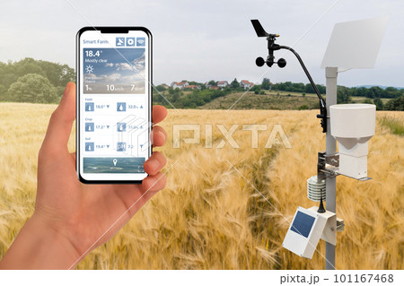 Farmer control weather station via mobile app. Precision and smart farming equipment Farmer control weather station via mobile app. Precision and smart farming equipment 101167468