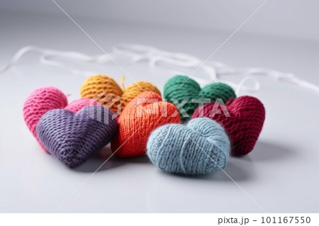 Colorful woolen hearts. Heart craft on table. Generate Ai 101167550