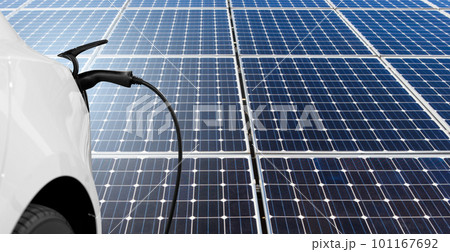 Close up of electric car on the background of solar panels 101167692
