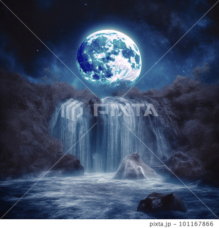 luminous night waterfall under the moon luminous night waterfall under the moon 101167866