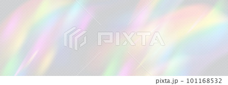 Rainbow light prism effect, transparent background. Hologram reflection, crystal flare leak shadow overlay. Vector illustration of abstract blurred iridescent light backdrop. 101168532