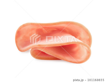 Slice of tasty fresh ham isolated on white Slice of tasty fresh ham isolated on white 101168655