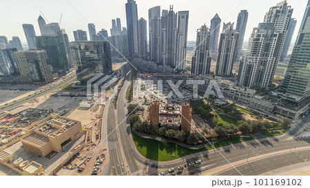 Bay Avenue with modern towers residential development in Business Bay aerial panoramic all day timelapse, Dubai 101169102