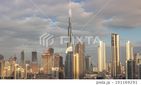 Panoramic skyline of Dubai with business bay and downtown district morning timelapse. 101169291