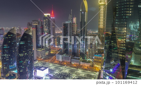 Financial center of Dubai city with luxury skyscrapers day to night timelapse, Dubai, United Arab Emirates 101169412