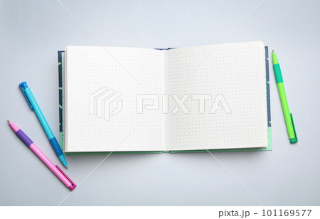 Stylish open notebook and pens on light grey background, flat lay 101169577
