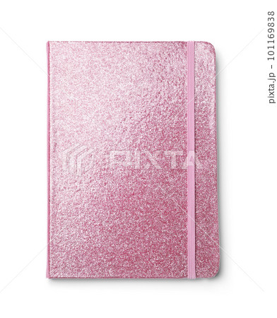Stylish pink glitter notebook isolated on white, top view 101169838