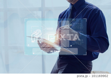 Chatbot Chat with AI, Artificial Intelligence. Businessman using technology smart robot AI. Futuristic technology transformation Chatbot Chat with AI, Artificial Intelligence. Businessman using technology smart robot AI. Futuristic technology transformation 101169902