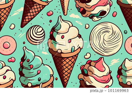 Twisted ice cream cone. Stylized retro pattern. Sweet dessert background with drops 101169963