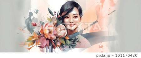 Asian woman with flowers bouquet, watercolor 101170420