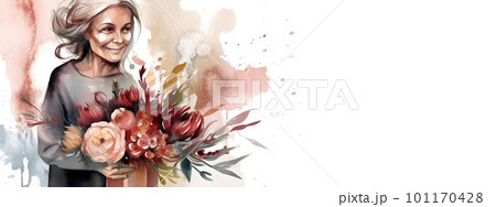Gray haired woman holding gift and flowers bouquet 101170428