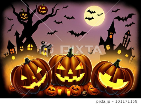 Halloween cute illustrations of pumpkin. Illustration glowing pumpkin on treat or trick fantasy fun party celebration. Created with generative AI tools Halloween cute illustrations of pumpkin. Illustration glowing pumpkin on treat or trick fantasy fun party celebration. Created with generative AI tools 101171159