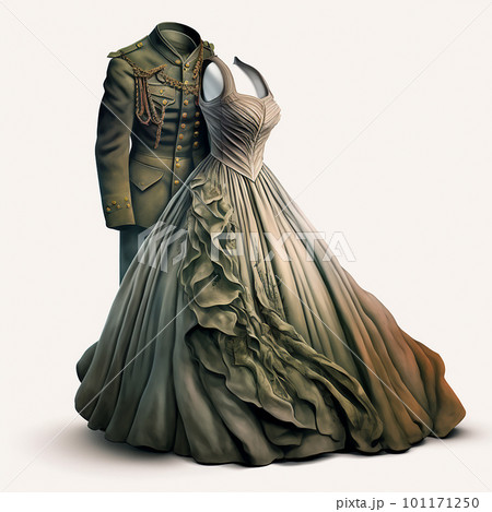 Antique retro ball gown and vintage military uniform dancing together on a white background, unusual fantasy illustration,  101171250