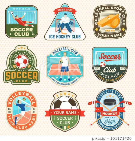 Set of Volleyball club, Ice Hockey club and soccer club emblem, patch, sticker. Vector. For college league sport club emblem, sign, logo. Vintage label, sticker, patch with volleyball ball, player 101171420