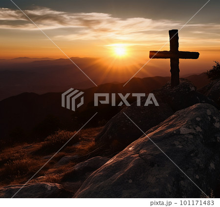 Silhouette of a Christian cross on a mountain at sunset. Resurrection concept Silhouette of a Christian cross on a mountain at sunset. Resurrection concept 101171483