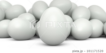 Group of farm raw organic white chicken eggs in a crowd on white background Group of farm raw organic white chicken eggs in a crowd on white background 101171520
