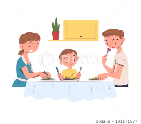 Family in the Kitchen Sitting at Table and Eating Tasty Dinner Vector Illustration 101171577