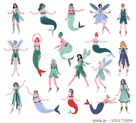 Magic Forest Fairy or Pixie with Wings and Mermaid with Fish Tail Big Vector Set 101171604