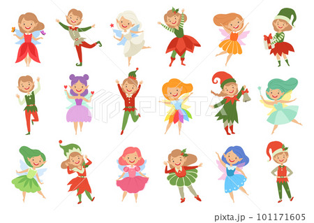 Cute Girl Fairy Wings and Elf in Pretty Dress Flying and Happy Smiling Vector Set 101171605