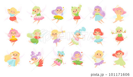 Cute Girl Fairy Flying and Fluttering with Wings and Magic Wand Vector Set 101171606