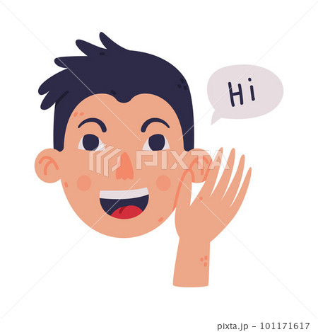 Man Head and Face with Happy Emotion and Hand Gesture Saying Hi Vector Illustration 101171617