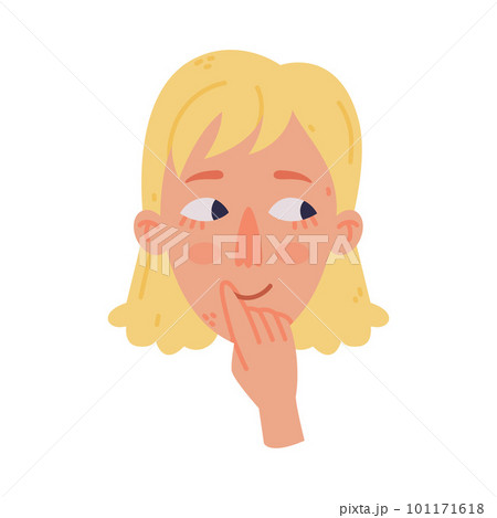 Blond Woman Head and Face with Thoughtful Emotion Touching Her Lips Vector Illustration 101171618