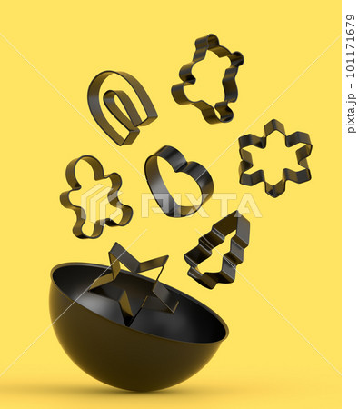 Set of metal cookie cutters and wooden kitchen utensils on monochrome background 101171679