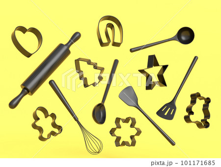 Wooden kitchen utensils and cookie cutters on monochrome background Wooden kitchen utensils and cookie cutters on monochrome background 101171685
