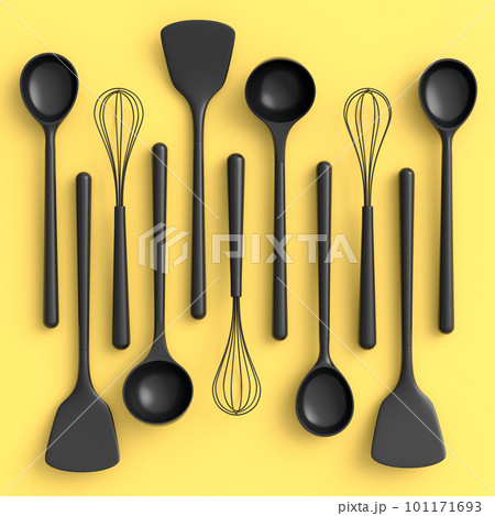 Wooden kitchen utensils, tools and equipment on monochrome background. 101171693