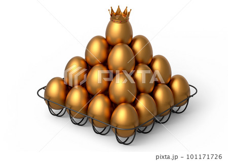 Luxury gold eggs standing in pyramid in metal tray for morning breakfast 101171726